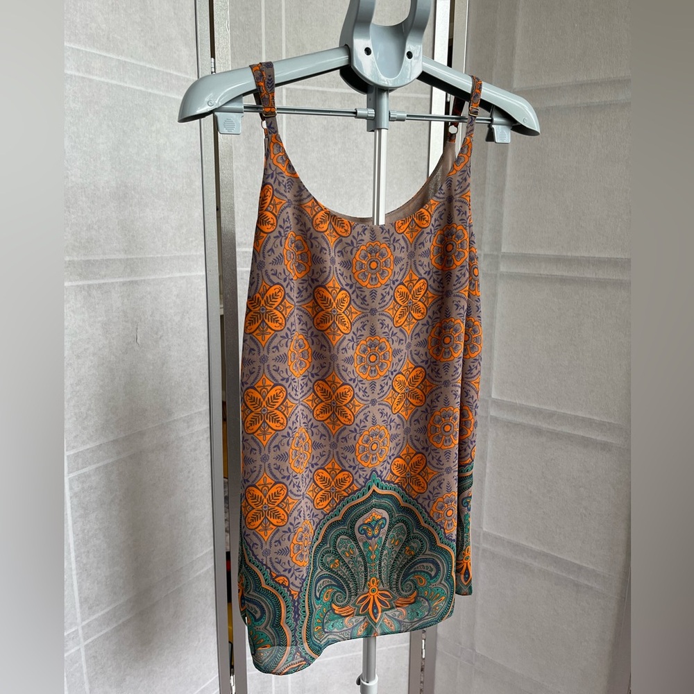 CAbi Arabesque Cami #3082 Medallion Print Chiffon Tank Gold Hardware Size M
